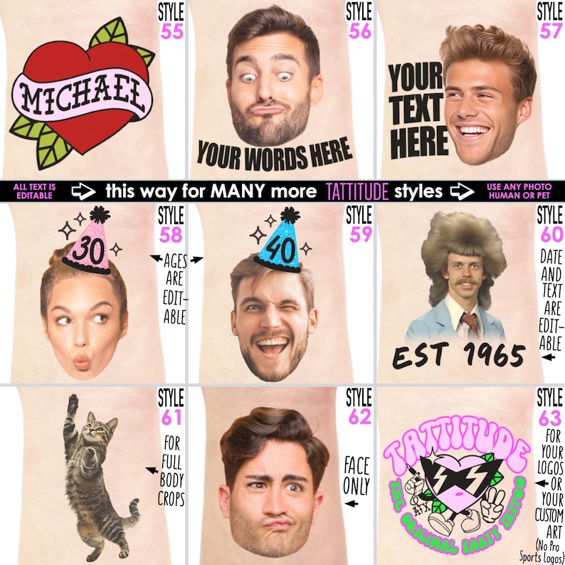 Puede incluir: Un collage de varios dise&ntilde;os estilo tatuaje. Los dise&ntilde;os incluyen un coraz&oacute;n con el nombre "MICHAEL", caras con texto editable e im&aacute;genes con el texto "EST 1965". Tambi&eacute;n est&aacute; presente el texto "ALL TEXT IS EDITABLE".