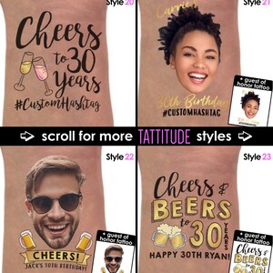 Op de afbeelding: Vier verschillende stijlen van tijdelijke tatoeages voor een 30e verjaardagsfeest. De tatoeages hebben een goud-zwart kleurenschema met verschillende ontwerpen, waaronder champagne glazen, bierpullen en een gezicht van een persoon. De tekst op de tatoeages is "Cheers to 30 Years", "Cheers & Beers to 30" en "Happy 30th Ryan!"
