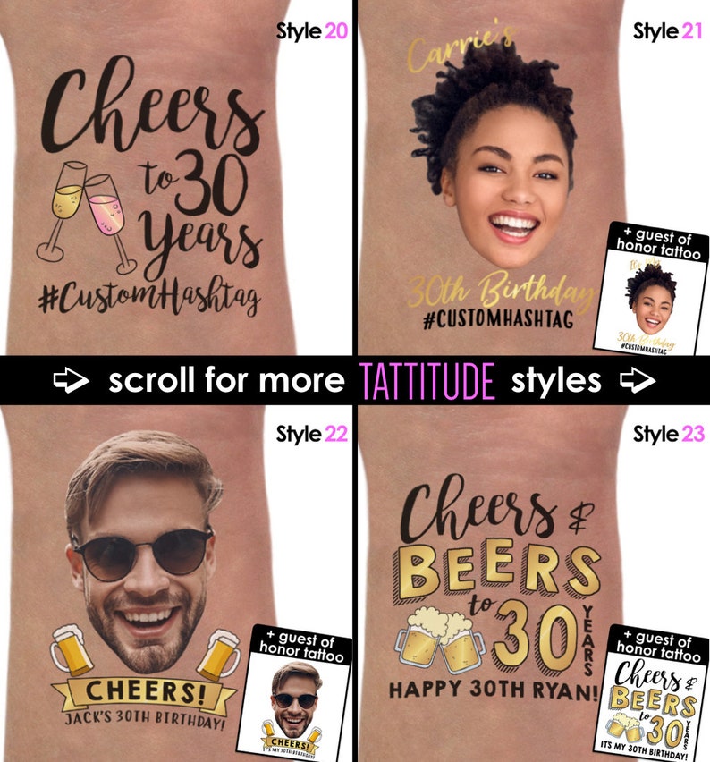 Op de afbeelding: Vier verschillende stijlen van tijdelijke tatoeages voor een 30e verjaardagsfeest. De tatoeages hebben een goud-zwart kleurenschema met verschillende ontwerpen, waaronder champagne glazen, bierpullen en een gezicht van een persoon. De tekst op de tatoeages is "Cheers to 30 Years", "Cheers & Beers to 30" en "Happy 30th Ryan!"