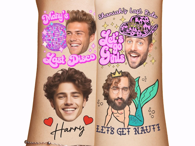 May include: Four temporary tattoos with different designs. The first tattoo has a pink disco ball, a man's face, and the text 'Mary's Last Disco'. The second tattoo has a pink cowboy hat, a man's face, and the text 'Shaniah's Last Ride Let's Go Girls'. The third tattoo has a man's face and the text 'Michael'. The fourth tattoo has a man's face with a crown, a mermaid tail, and the text 'LET'S GET NAUTI'. bachelorette tattoos personalized face tattoos, custom bachelorette party tattoos