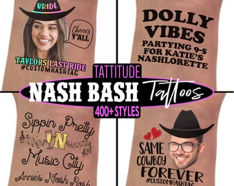 May include: Four different temporary tattoo designs with a country music theme. The designs include a bride wearing a cowboy hat, a cowboy hat with the text "Dolly Vibes" and "Partying 9-5 for Katie's Nashlorette", a glass of wine with musical notes and the text "Sippin Pretty N Music City Annie's Nash Bash", and a cowboy hat with the text "Same Cowboy Forever #CustomHashtag".