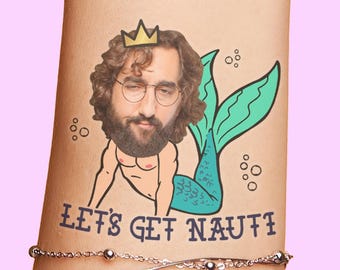 Let's Get Nauti Grooms Face Bachelorette Party Tattoos Favors, Mermaid Merman Body, last sail before the veil, beach boat pool party splash