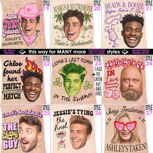 May include: A collection of personalized party-themed designs, featuring faces with various text overlays. Designs include phrases like "Same Cowboy Forever!" and "Margs & Matrimony." The images are in a tan color with various fonts and colors.