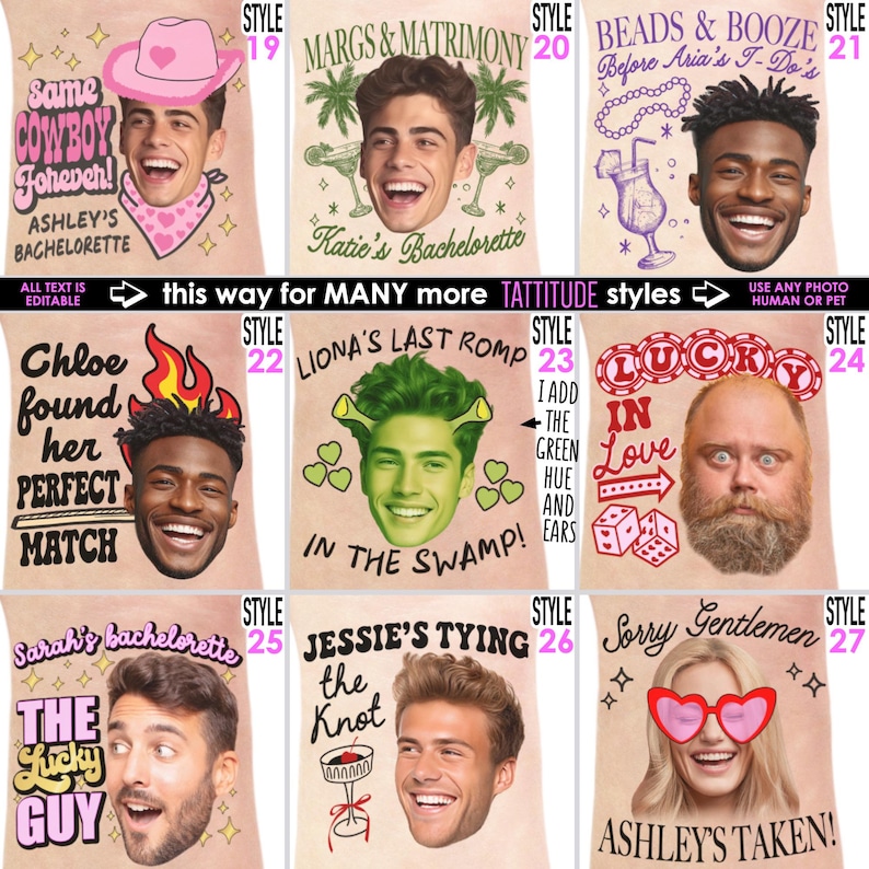 May include: A collection of personalized party-themed designs, featuring faces with various text overlays. Designs include phrases like "Same Cowboy Forever!" and "Margs & Matrimony." The images are in a tan color with various fonts and colors.