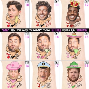 May include: A collage of cartoon illustrations featuring various men's faces atop muscular bodies. Each figure holds a drink and wears different accessories, including a crown, sombrero, and sailor's cap. Text reads "ALL TEXT IS EDITABLE" and "this way for MANY more TATTITUDE styles."