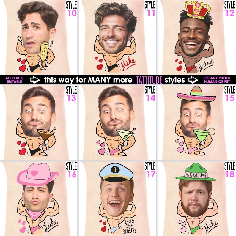 May include: A collage of cartoon illustrations featuring various men's faces atop muscular bodies. Each figure holds a drink and wears different accessories, including a crown, sombrero, and sailor's cap. Text reads "ALL TEXT IS EDITABLE" and "this way for MANY more TATTITUDE styles."