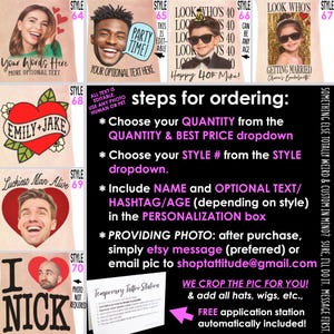 May include: A collage of custom temporary tattoo designs featuring various styles with photos of people, hearts, and text. The image includes a black instructional panel with white and pink text detailing ordering steps and email contact information.