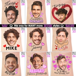various heart tattoos with grooms face, personalizable featuring hearts and names, pink hearts, red hearts. cartoon flexing body tattoos, personalizable. All text is customizable. custom photo tattoos