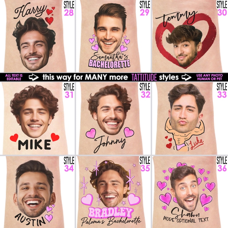 various heart tattoos with grooms face, personalizable featuring hearts and names, pink hearts, red hearts. cartoon flexing body tattoos, personalizable. All text is customizable. custom photo tattoos