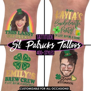 St. Patricks Day Bachelorette Party Tattoos | saint, green, got lucky, brew crew, paddy, shenanigans, lucky af, tattoo, personalized, custom