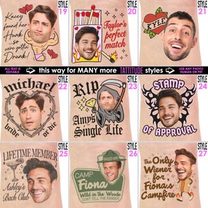 May include: A collection of nine custom temporary tattoo designs featuring various illustrations and text, including phrases like Kacey found her Hunk, Taylor's perfect match, Kyle, Michael bride or die, RIP Amy's Single Life, Stamp of Approval, and more.