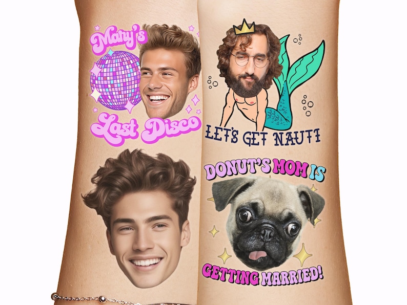 May include: two images of men's faces with text overlays. The first image has a custom grooms face tattoo with phrase, "Brides Last Disco" in pink text with a pink and purple disco ball and sparkles. The second image has a cartoon mermaid tail and merman body and the text "Let's Get Nauti". This also includes a pet dogs face tattoo that says, "My Mom is Getting Married". As well as a standalone big head photo cutout tattoo of a grooms face.