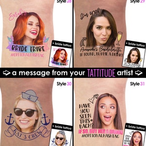 May include: Four different styles of bachelorette party temporary tattoos featuring a bride-to-be's face and a fun message. The tattoos are printed on a white background and are ready to be applied to skin.  The tattoos include the text "Bride Tribe", "I'm With Amanda's Bachelorette", "Kat's Crew", and "Have You Seen This Bach?"