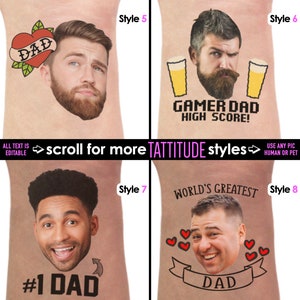 May include: A collection of temporary tattoo designs featuring various portraits and text. Styles include "DAD" in a heart, "GAMER DAD HIGH SCORE!", "#1 DAD", and "WORLD'S GREATEST DAD". The text "ALL TEXT IS EDITABLE" is also visible.
