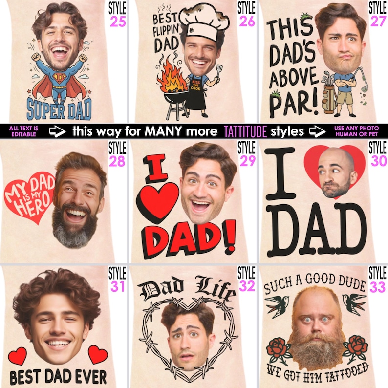 May include: Collection of personalized Father's Day gifts featuring cartoon-style portraits. Designs include a superhero, chef, golfer, and various heart-themed graphics with text like "Super Dad," "Best Flippin' Dad," and "I Dad!" The text is editable.