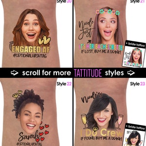 May include: Four different styles of bachelorette party temporary tattoos. Each tattoo features a bride's face and a fun message. The first tattoo says "Engaged AF #OPTIONALHASHTAG". The second tattoo says "Nicole Fest It's Her Bachelorette! If Lost, Buy Me A Drink!" The third tattoo says "Sarah #OPTIONALHASHTAG". The fourth tattoo says "Nicole's I Do Crew If Found, Buy Me A Drink!"