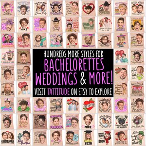 May include: A collage of personalized wedding and bachelorette party favors. Each features a portrait with text, including phrases like "Forever," "Mike," and "Congrats Olivia." The text "Hundreds more styles for bachelorettes, weddings & more!" is also visible.