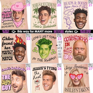 Puede incluir: Una colecci&oacute;n de dise&ntilde;os personalizados con tem&aacute;tica de fiesta, con caras y superposiciones de texto. Los dise&ntilde;os incluyen frases como "Same Cowboy Forever!" y "Margs & Matrimony". Las im&aacute;genes son de color beige con varias fuentes y colores.