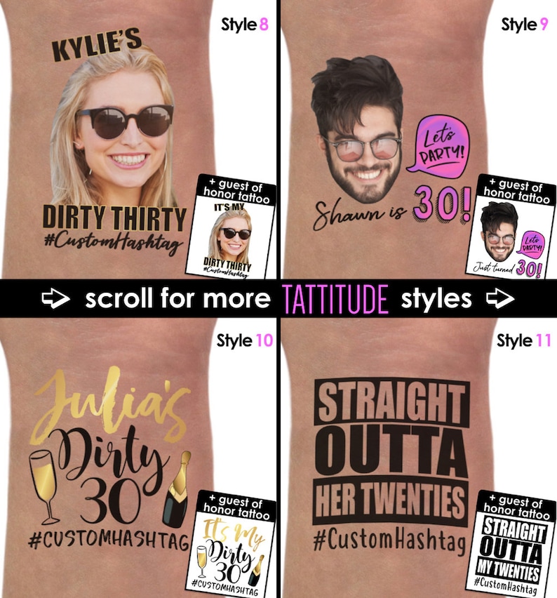 Op de afbeelding: Vier verschillende stijlen van tijdelijke tatoeages voor een 30e verjaardagsfeest. De tatoeages bevatten de tekst "Dirty Thirty", "Let's Party", "It's My Dirty Thirty" en "Straight Outta Her Twenties".