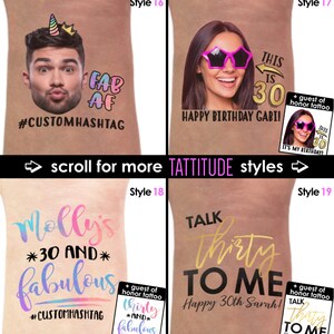 May include: Four different styles of temporary tattoos for a 30th birthday party. The tattoos feature a variety of designs, including a unicorn, sunglasses, and text that says "This is 30", "Molly's *30 and* fabulous", and "Talk Thirty to Me".