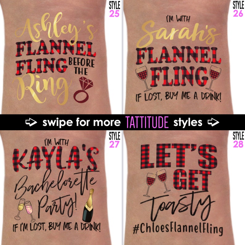 Op de afbeelding: Tijdelijke tatoeages met gouden en zwarte tekst, met zinnen als "Ashley's Flannel Fling Before the Ring" en "Sarah's Flannel Fling". Ontwerpen omvatten een diamanten ring, wijnglazen en een champagnefles. Voor een vrijgezellenfeest.