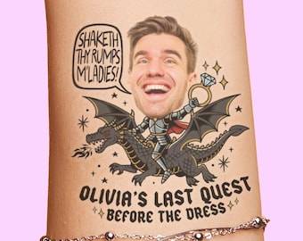 Last Quest Before the Dress Bachelorette Party Tattoo Favors, Last Knight out Medieval Bachelorette Face Tattoos, Bookish Bride of the Realm
