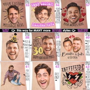 May include: A grid of nine custom temporary tattoo designs featuring various layouts with portraits, text, and graphic elements. Styles include personalized messages, birthday themes, couple names, and custom art, all displayed on a skin-toned background.