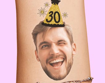 Custom Face Tattoo Birthday Party Favors, birthday party hat with photo cutout face decorations glitter party hat tattoos funny unique ideas
