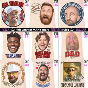 May include: A collection of personalized Father's Day gifts featuring various men's faces with text like "#1 Dad", "All-Star Dad", and "Best Dad Ever!" The designs include baseballs, stars, and other graphics.