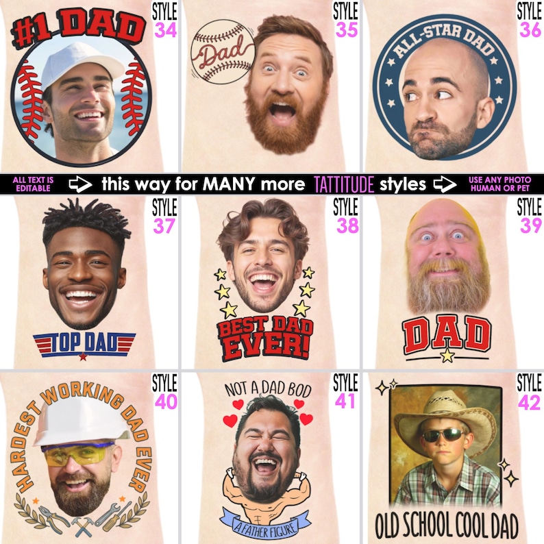 May include: A collection of personalized Father's Day gifts featuring various men's faces with text like "#1 Dad", "All-Star Dad", and "Best Dad Ever!" The designs include baseballs, stars, and other graphics.