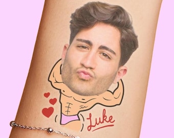 Personalized Bachelorette Party Tattoos with the Grooms Face, Hearts, Flexing Body, Name Favors
