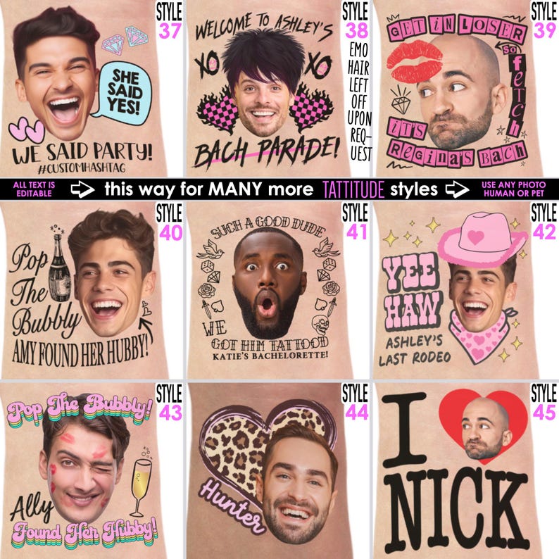 May include: A collection of personalized t-shirts with various designs and text. The shirts feature faces and phrases like "She Said Yes!", "Bach Parade", and "Yee Haw". The overall theme is centered around celebrations and events.