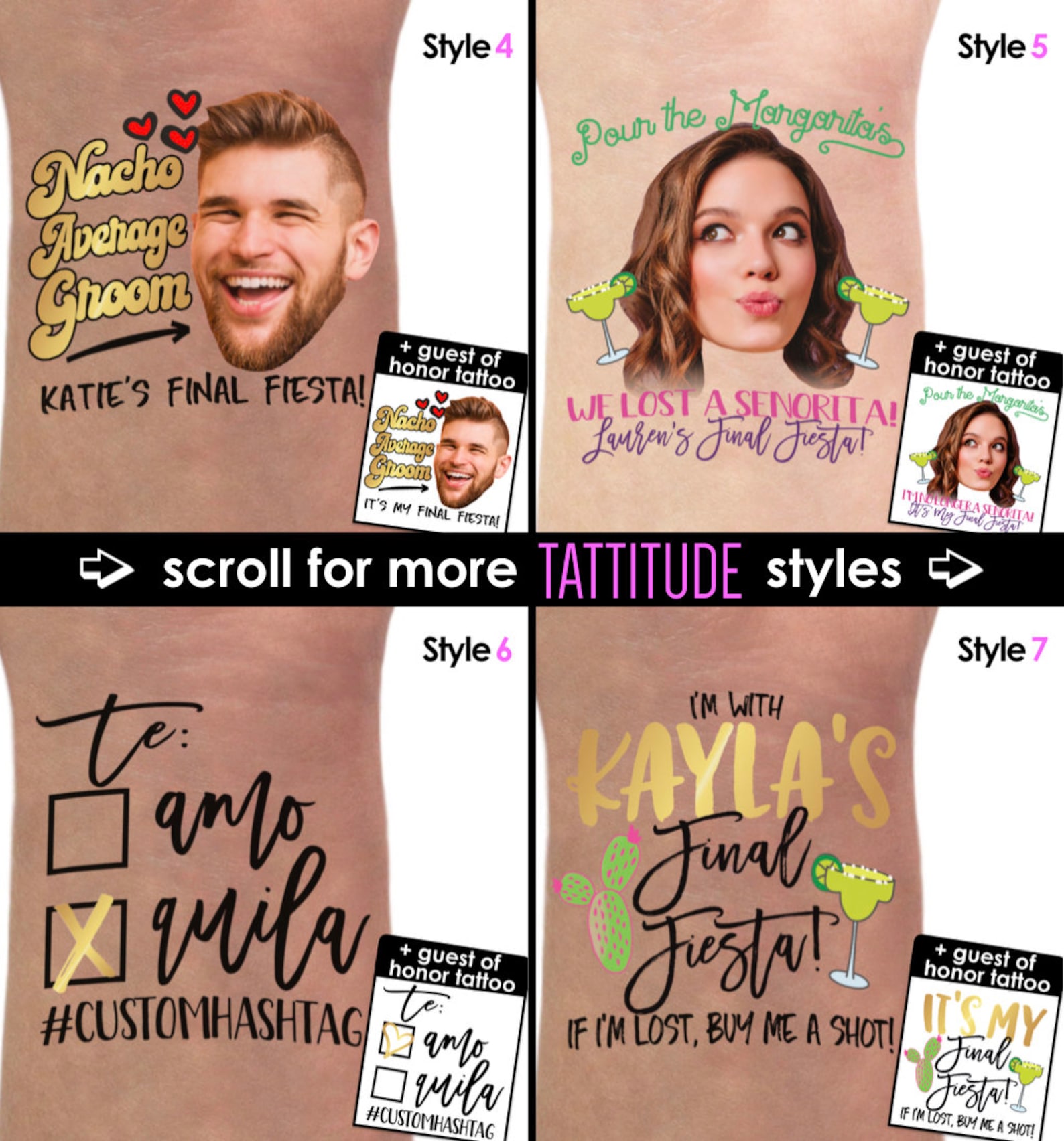 Set of Personalized Bachelorette Tattoos FIESTA Mexico | Etsy