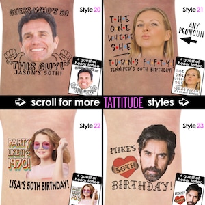 Pode incluir: Quatro estilos diferentes de tatuagens tempor&aacute;rias para um 50&ordm; anivers&aacute;rio. Cada tatuagem apresenta um design e um texto diferentes, incluindo "Adivinha quem tem 50 anos", "Aquele onde ela faz cinquenta", "Festa como em 1970" e "O 50&ordm; anivers&aacute;rio do Mike".