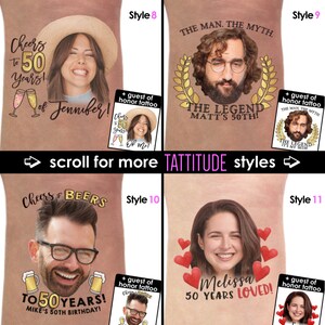Pode incluir: Um conjunto de dez designs de tatuagens tempor&aacute;rias diferentes para uma celebra&ccedil;&atilde;o de anivers&aacute;rio de 50 anos. Os designs apresentam uma variedade de temas, incluindo brindar por 50 anos, a lenda e 50 anos de amor. Cada design inclui um espa&ccedil;o para adicionar uma foto.