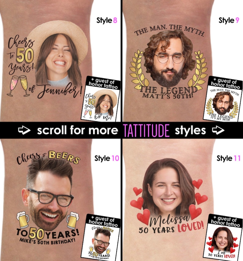 Pode incluir: Um conjunto de dez designs de tatuagens tempor&aacute;rias diferentes para uma celebra&ccedil;&atilde;o de anivers&aacute;rio de 50 anos. Os designs apresentam uma variedade de temas, incluindo brindar por 50 anos, a lenda e 50 anos de amor. Cada design inclui um espa&ccedil;o para adicionar uma foto.