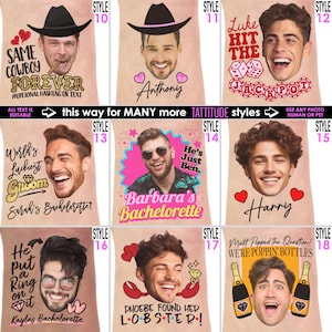 same cowboy forever with cowboy hat, face and hearts, cowboy hat with name and heart, hit the jackpot vegas face, worlds luckiest groom, he's just ken, he put a ring on it, found her lobster, he popped the question, we're poppin bottles, grooms face tattoos personalized, all text is editable. Any face even a pets face