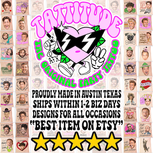 May include: A collection of cards with various illustrations and text, including a central graphic of a heart wearing sunglasses. The cards feature portraits and phrases like "Harry", "Sorry Ladies", and "Best Item on Etsy".