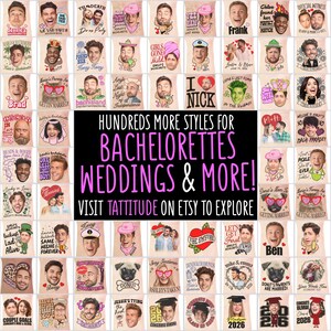 Pu&ograve; includere: Una collezione di tatuaggi temporanei personalizzati con vari ritratti, nomi e frasi umoristiche per addii al nubilato e matrimoni, con un cartello centrale nero che riporta il testo HUNDREDS MORE STYLES FOR BACHELORETTES WEDDINGS & MORE!