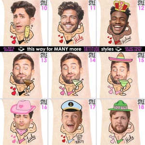 May include: A collage of cartoon illustrations featuring various men's faces atop muscular bodies. Each figure holds a drink and wears different accessories, including a crown, sombrero, and sailor's cap. Text reads "ALL TEXT IS EDITABLE" and "this way for MANY more TATTITUDE styles."