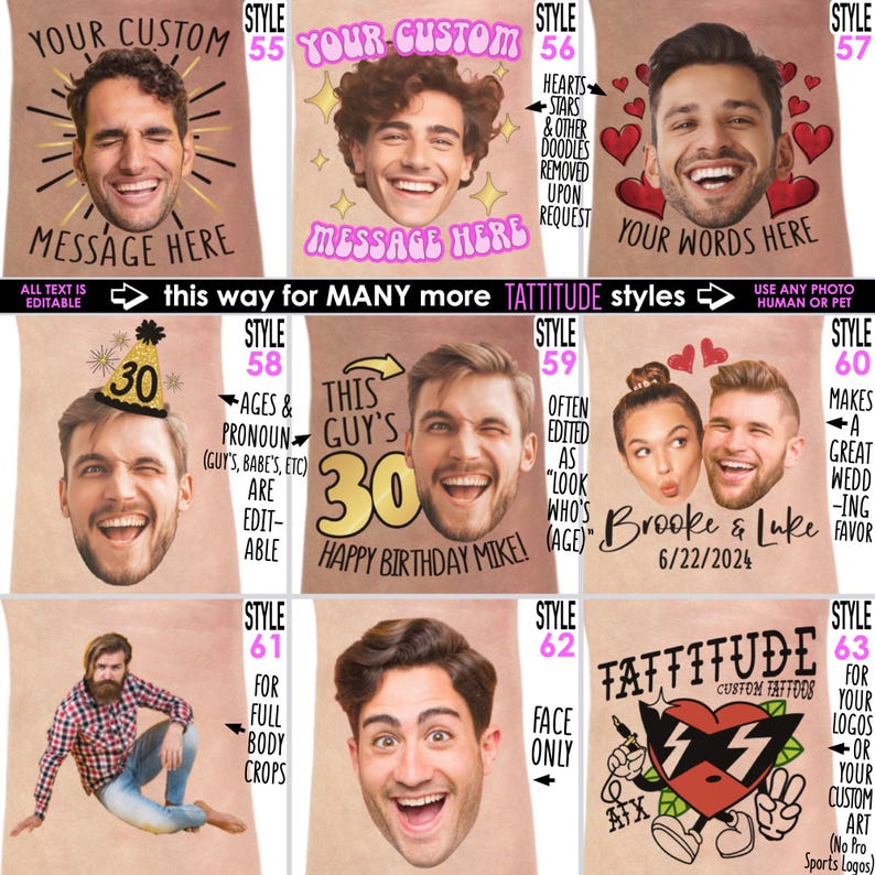 Puede incluir: Una cuadr&iacute;cula de nueve dise&ntilde;os de tatuajes temporales personalizados con varios dise&ntilde;os que incluyen retratos, texto y elementos gr&aacute;ficos. Los estilos incluyen mensajes personalizados, temas de cumplea&ntilde;os, nombres de parejas y arte personalizado sobre un fondo color piel.