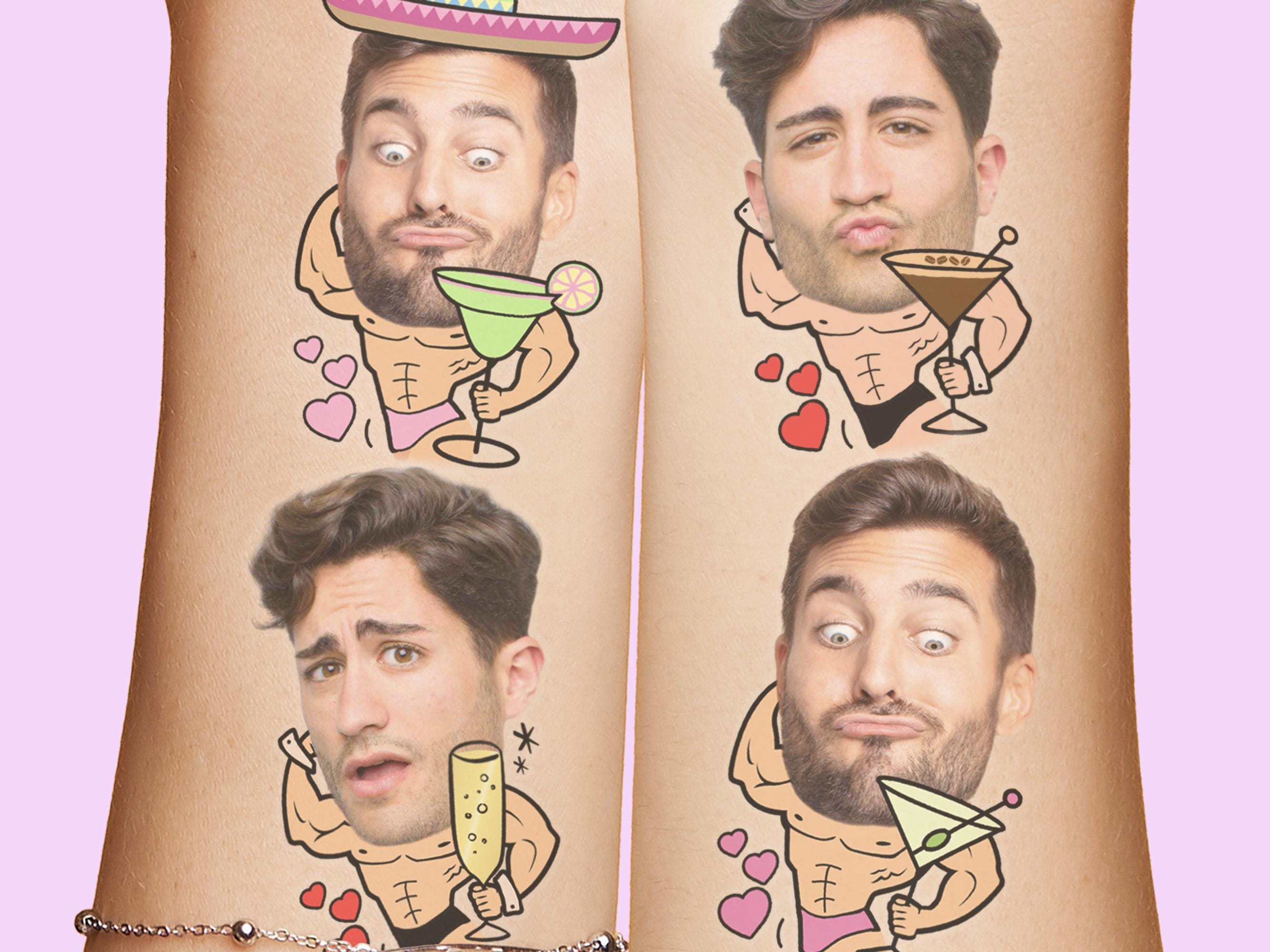 Bachelorette Tattoos Party Favors, Cartoon hunk body with Grooms Face holding margaritas margs martinis and champagne themed, unique bridal