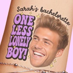 One Less Lonely Girl Bachelorette Party Tattoo Favors, One Less Lonely Boy Funny Grooms Face Tattoo, Purple themed Custom Tattoos decoration