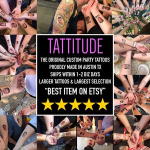 May include: A collage of arms and wrists displaying temporary tattoos of faces. The word "TATTITUDE" is in the center, along with text that reads "BEST ITEM ON ETSY". The tattoos appear to be custom party favors.