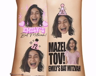 Bat Mitzvah Temporary Tattoos Party Favors, Custom Personalized face tattoo for Bat Mitzvah, Mazel Tov 12th birthday tattoos, batmizvah tats