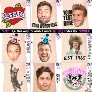 May include: A collection of tattoo-style designs featuring various images and text. Designs include a heart with the name "MICHAEL", faces with editable text, and a cat. The text "ALL TEXT IS EDITABLE" is also present.