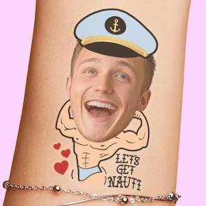 Let&#39;s Get Nauti Grooms Face Bachelorette Party Tattoos Favors, Sailor Hat Stripper Body, last sail before the veil, beach boat pool party