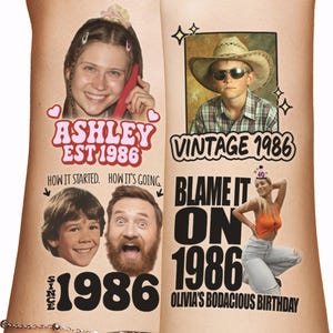 May include: A collage-style design with photos and text. The left side features a woman's photo with "ASHLEY EST 1986" and "HOW IT STARTED. HOW IT'S GOING." The right side has a boy in a cowboy hat, "VINTAGE 1986."