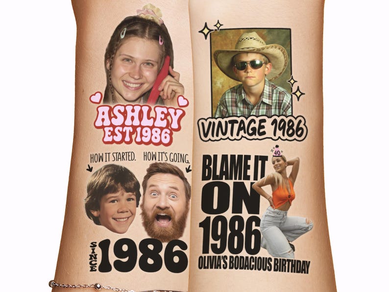 May include: A collage-style design with photos and text. The left side features a woman's photo with "ASHLEY EST 1986" and "HOW IT STARTED. HOW IT'S GOING." The right side has a boy in a cowboy hat, "VINTAGE 1986."
