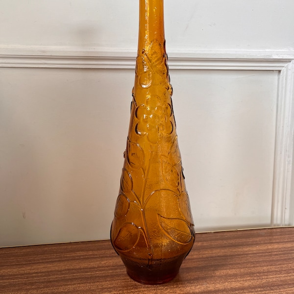 Mid Century Vintage amber coloured Genie Bottle Decanter, Italian genie bottle, fruit pattern genie bottle